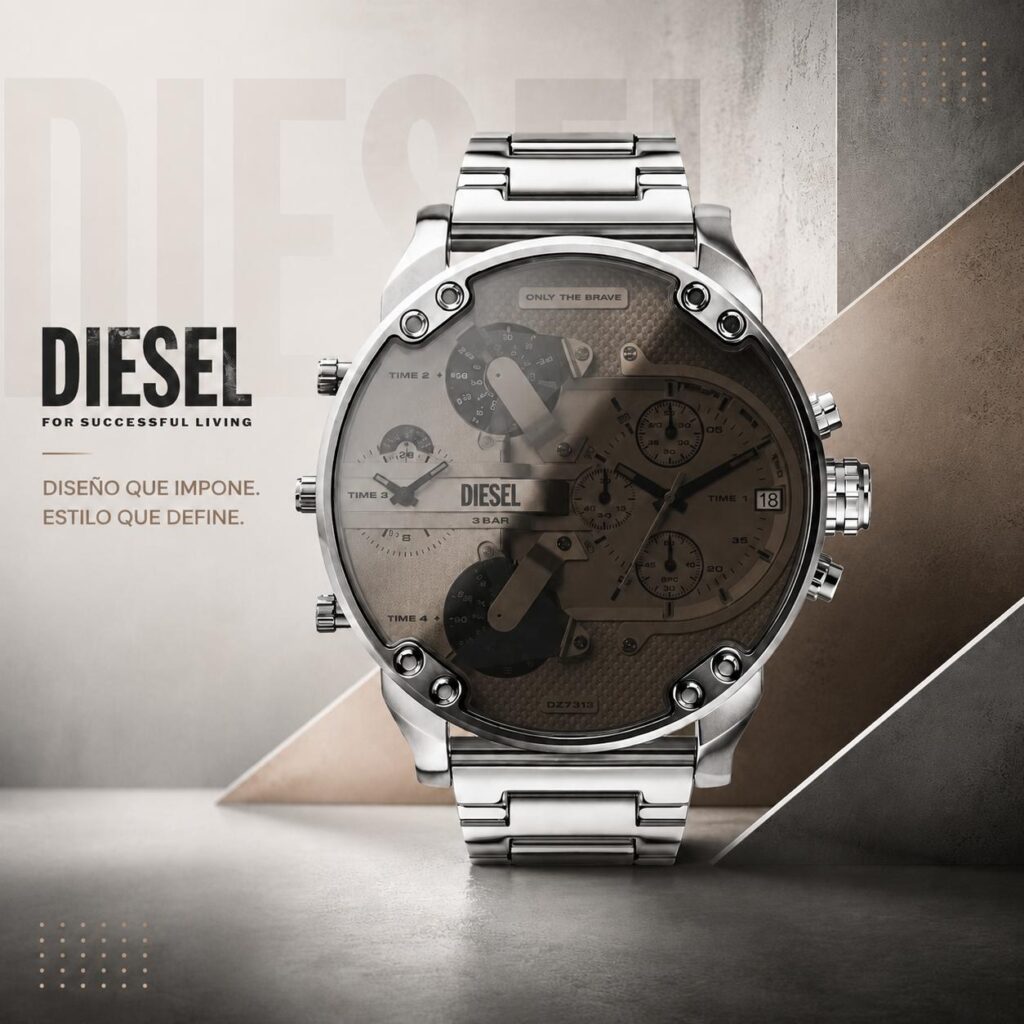 Reloj Diesel de acero con varias zonas horarias